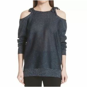St John Jersey Knit Metallic Blue Shimmer Lightweight Sweater Cold Shoulder